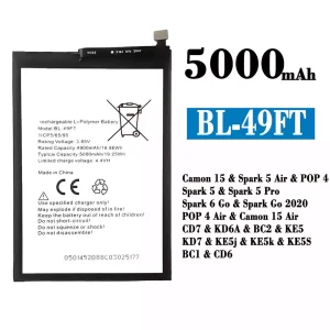 Batteri BL-49FT til Tecno Camon 15 /Camon 15 Air/ Spark 5 Air /Spark 5 / Spark 5 Pro / Spark 6 Go / Spark Go 2020 / POP 4/POP 4 Air