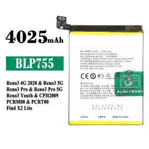 Batteri BLP755 til OPPO Reno 3 4G 2020 / Reno 3 5G / Reno 3 Pro / Reno 3 Youth / Find X2 Lite