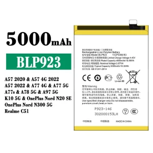 Batteri BLP923 til OPPO A57 2020 /A57 2022 /A77 /A77s /A78/A97/ K10 / OnePlus Nord N20 SE /OnePlus Nord N300 5G /Realme C51